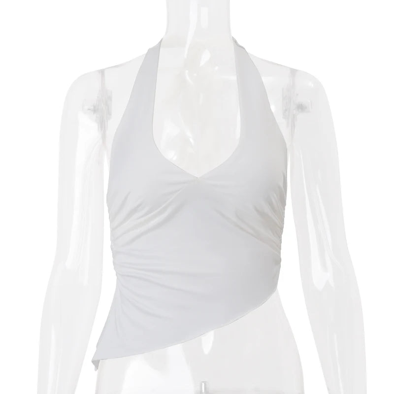 WhereMery Casual Solid V-neck Halter Crop Tops Elegant Sleeveless Slim Summer Camisole Formal Streetwear Women Daily Sporty Vest