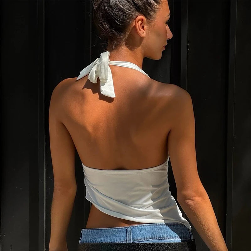 WhereMery Casual Solid V-neck Halter Crop Tops Elegant Sleeveless Slim Summer Camisole Formal Streetwear Women Daily Sporty Vest