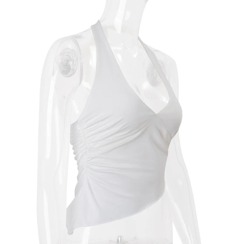 WhereMery Casual Solid V-neck Halter Crop Tops Elegant Sleeveless Slim Summer Camisole Formal Streetwear Women Daily Sporty Vest