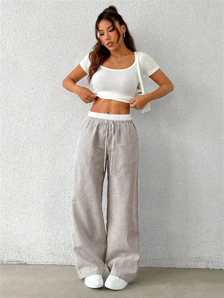 Women's Casual Striped Woven Wide Leg Pants Fall Winter 2024 Casual Stylish Full Length Trousers Y2K Clothes Streetwear