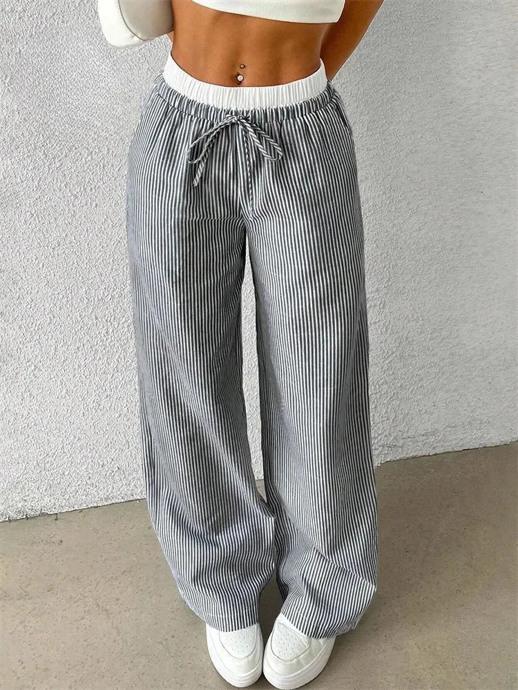 Women's Casual Striped Woven Wide Leg Pants Fall Winter 2024 Casual Stylish Full Length Trousers Y2K Clothes Streetwear