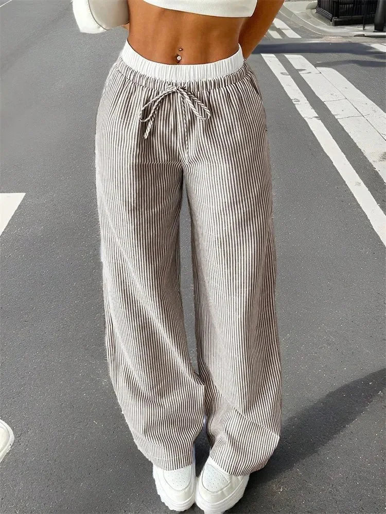 Women's Casual Striped Woven Wide Leg Pants Fall Winter 2024 Casual Stylish Full Length Trousers Y2K Clothes Streetwear