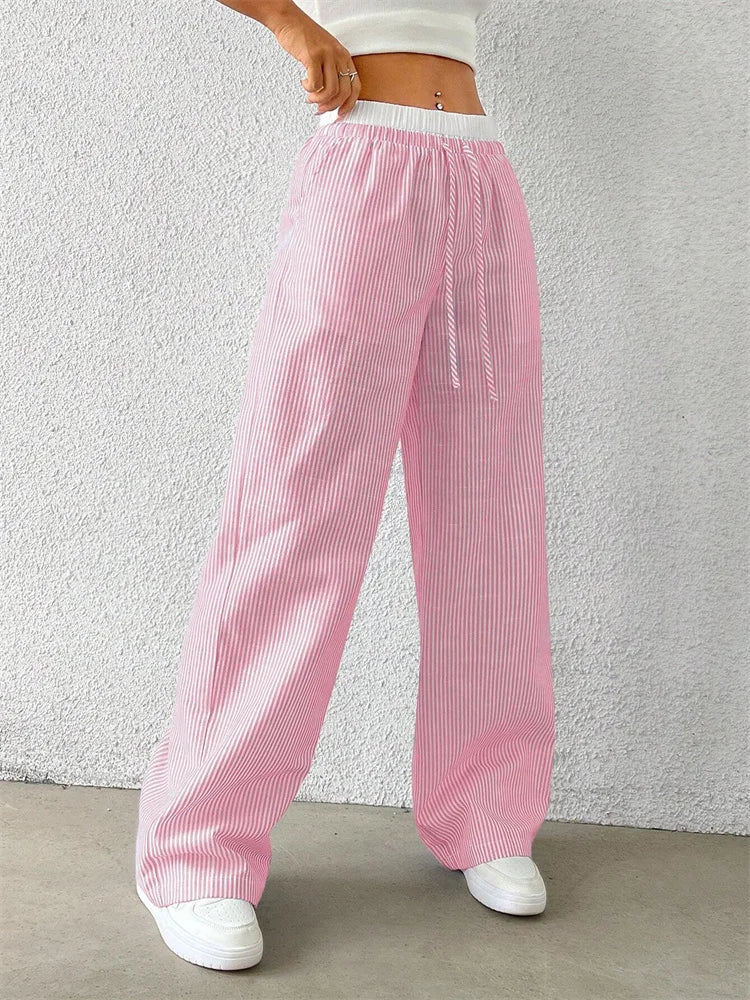 Women's Casual Striped Woven Wide Leg Pants Fall Winter 2024 Casual Stylish Full Length Trousers Y2K Clothes Streetwear