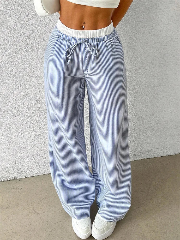 Women's Casual Striped Woven Wide Leg Pants Fall Winter 2024 Casual Stylish Full Length Trousers Y2K Clothes Streetwear
