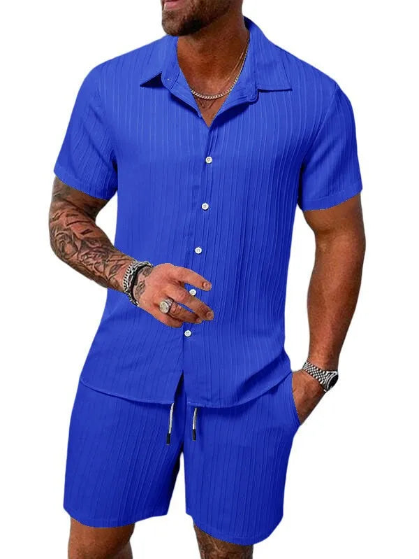 Spring And Summer New Sports Men's Polo Casual Solid Color Loose Short-sleeved Drawstring Shorts Cardigan Striped Sports Suit