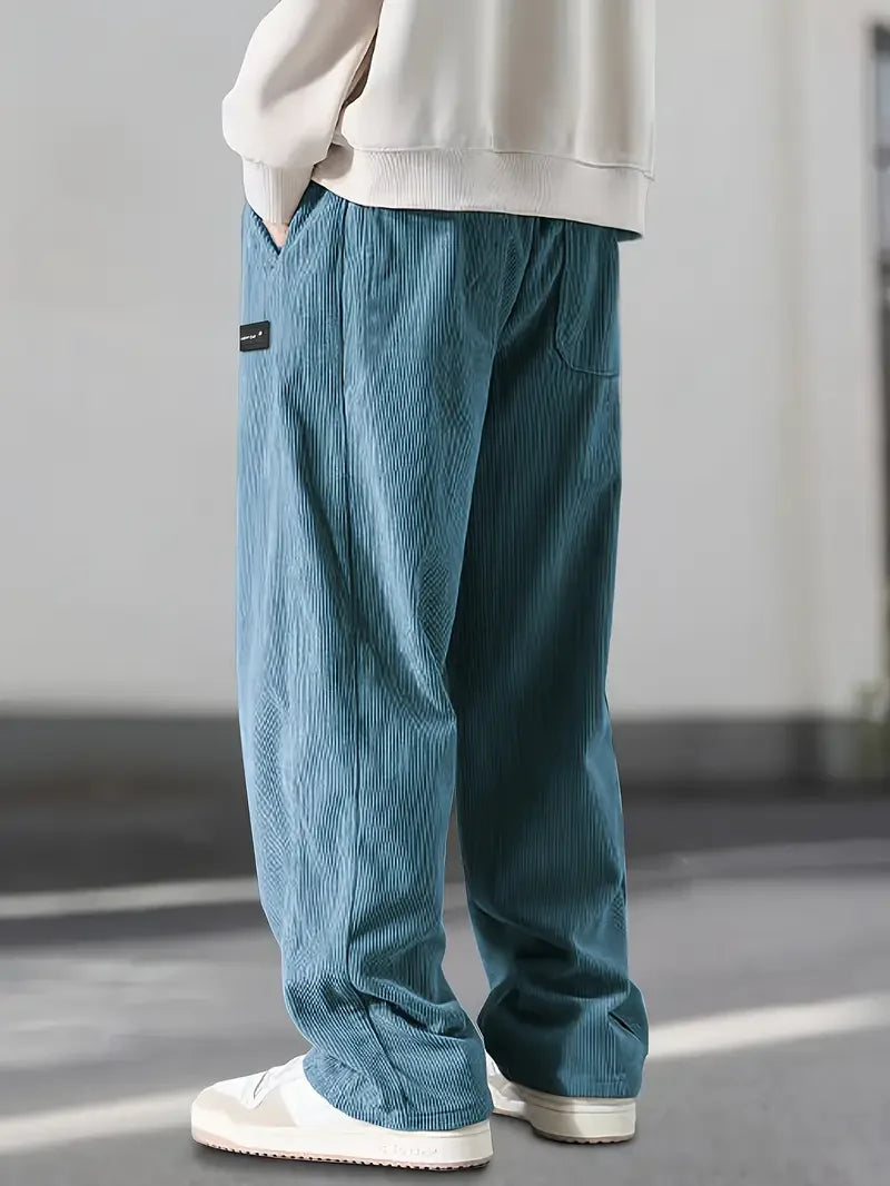 2025 Autumn Winter Men's Casual Pants Striped Corduroy Loose Fashion Cargo Straight Pants Fitness Sports Hip Hop Pants