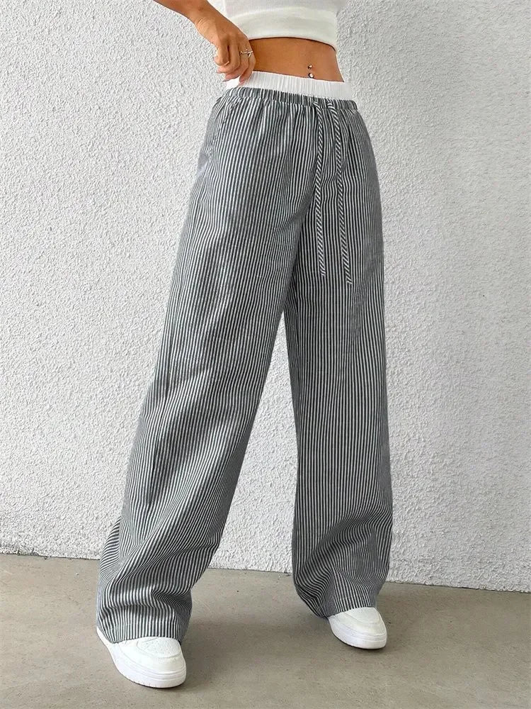 Women's Casual Striped Woven Wide Leg Pants Fall Winter 2024 Casual Stylish Full Length Trousers Y2K Clothes Streetwear