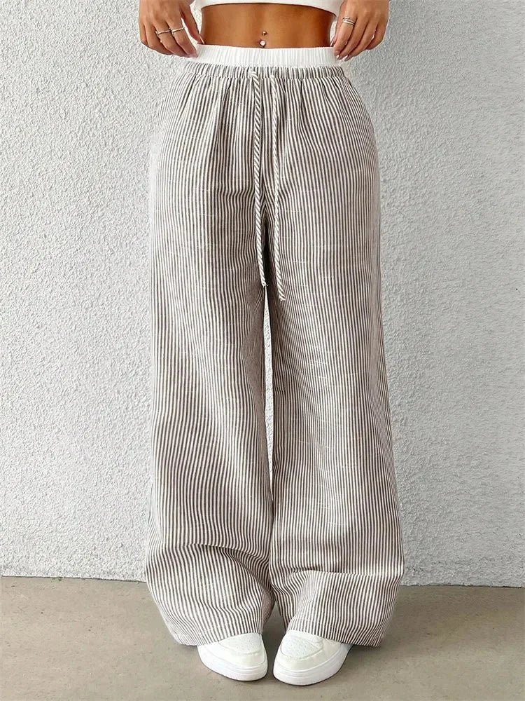 Women's Casual Striped Woven Wide Leg Pants Fall Winter 2024 Casual Stylish Full Length Trousers Y2K Clothes Streetwear