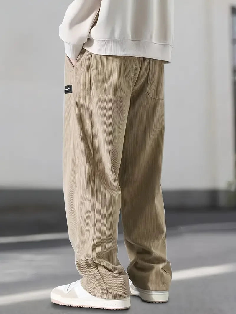 2025 Autumn Winter Men's Casual Pants Striped Corduroy Loose Fashion Cargo Straight Pants Fitness Sports Hip Hop Pants