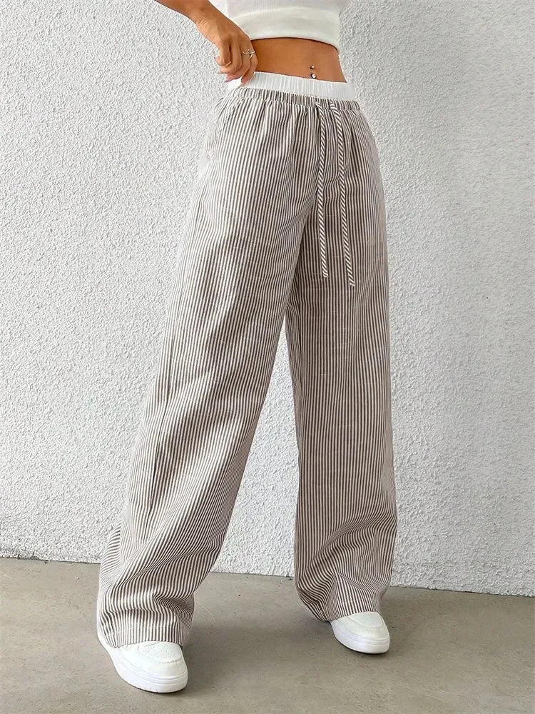 Women's Casual Striped Woven Wide Leg Pants Fall Winter 2024 Casual Stylish Full Length Trousers Y2K Clothes Streetwear