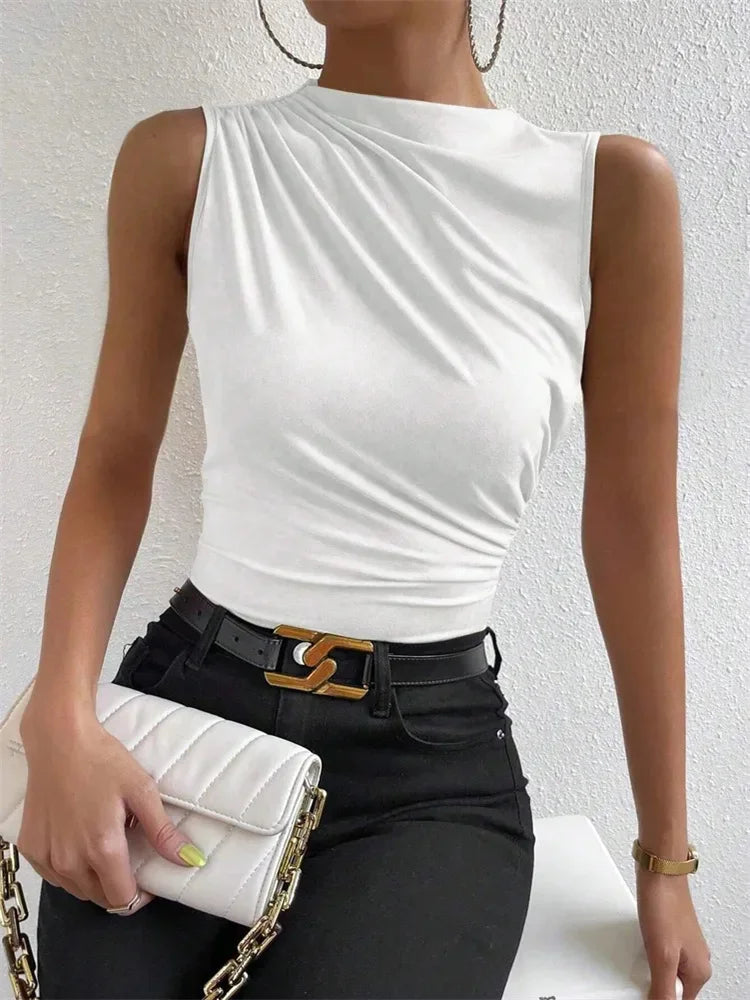 Fashion Casual Mock Neck Ruched Tank Top for Women Summer 2025 Solid Color Pleated Sleeveless Tee Shirt Tshirt Streetwear Y2K