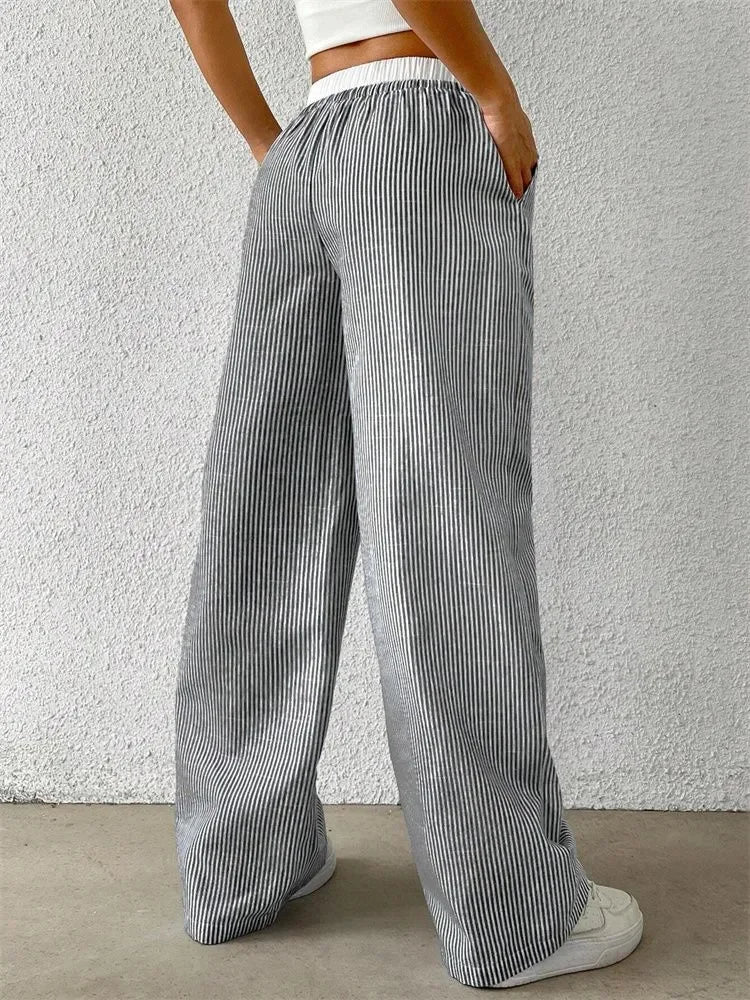 Women's Casual Striped Woven Wide Leg Pants Fall Winter 2024 Casual Stylish Full Length Trousers Y2K Clothes Streetwear