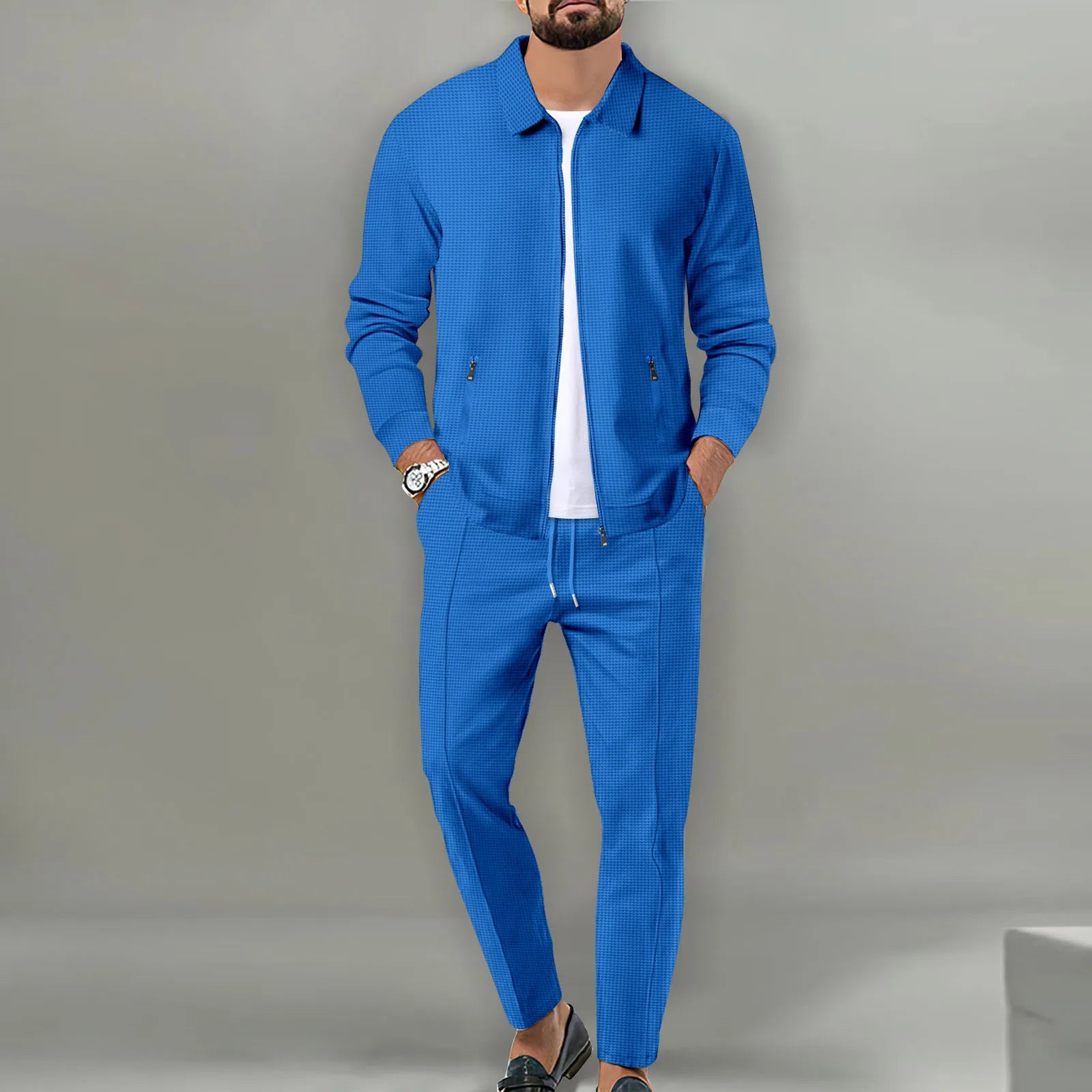Autumnwinter men's casual blazer set new fashion Waffle baseball suit round neck pocket zipper long sleeve trousers two-piece se