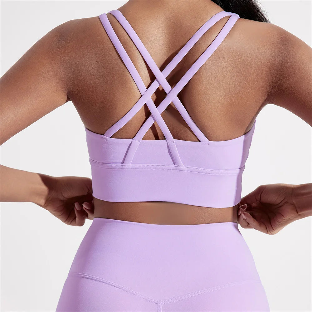 Solid Color Women Cross back Fitness sport Bra high strength Tight Top Comprehensive Training Gym Yoga Underwear With Chest Pad