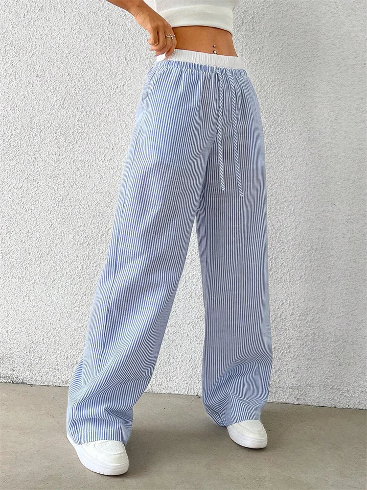 Women's Casual Striped Woven Wide Leg Pants Fall Winter 2024 Casual Stylish Full Length Trousers Y2K Clothes Streetwear