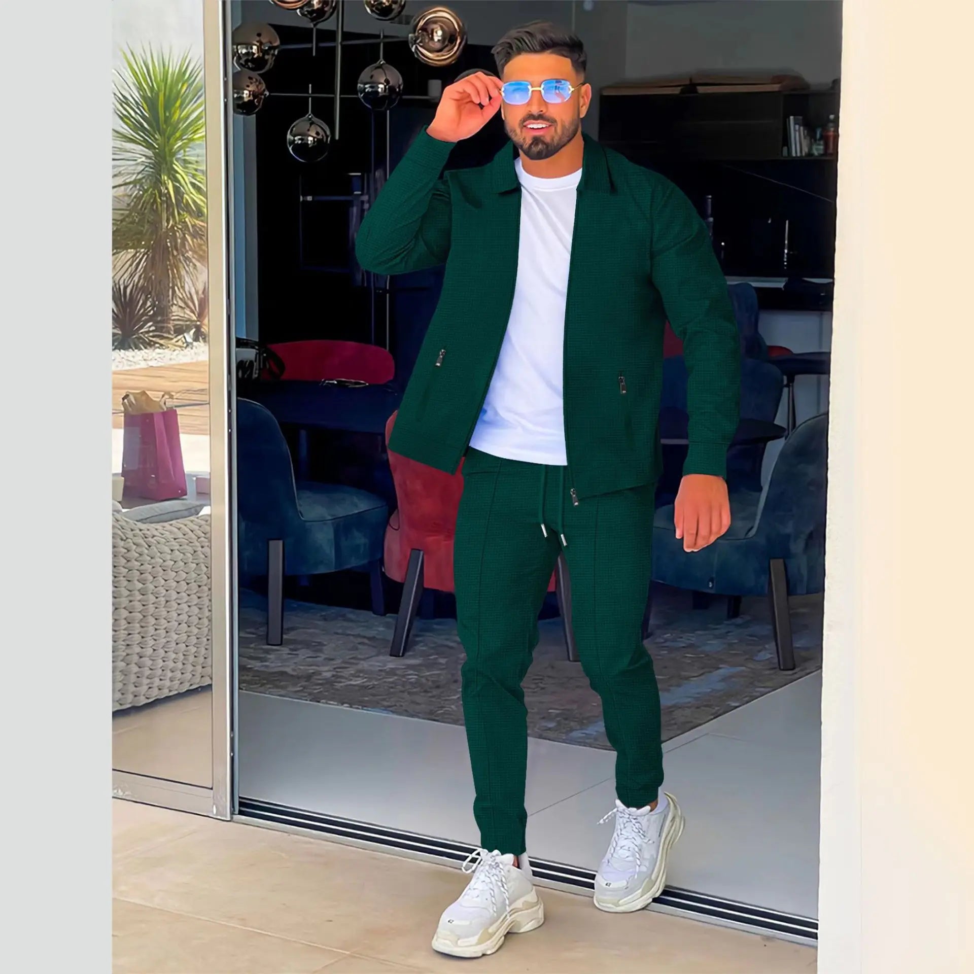 Autumnwinter men's casual blazer set new fashion Waffle baseball suit round neck pocket zipper long sleeve trousers two-piece se