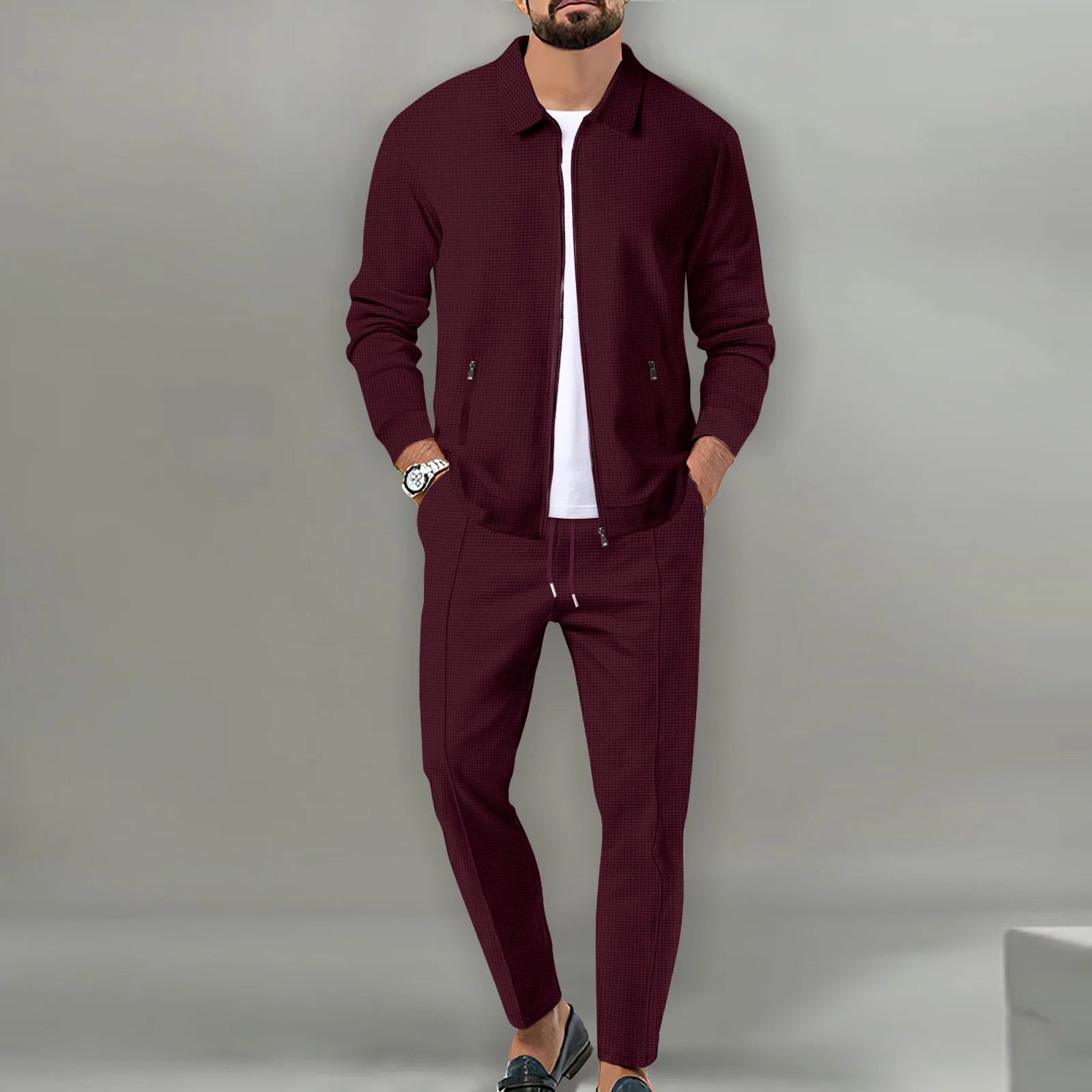 Autumnwinter men's casual blazer set new fashion Waffle baseball suit round neck pocket zipper long sleeve trousers two-piece se