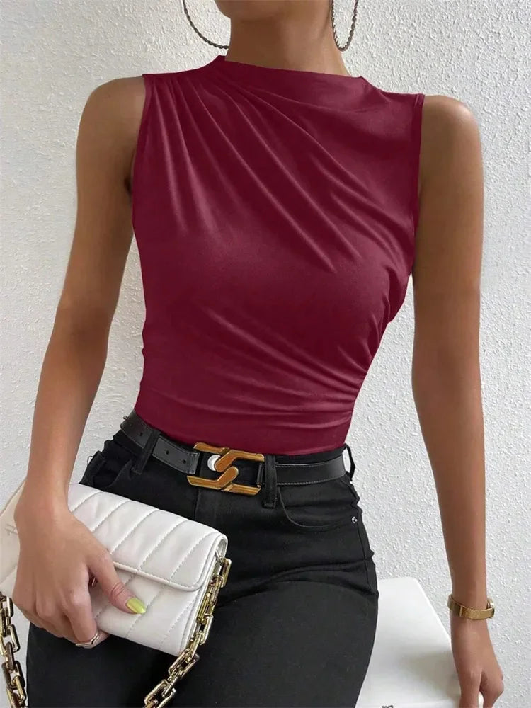 Fashion Casual Mock Neck Ruched Tank Top for Women Summer 2025 Solid Color Pleated Sleeveless Tee Shirt Tshirt Streetwear Y2K