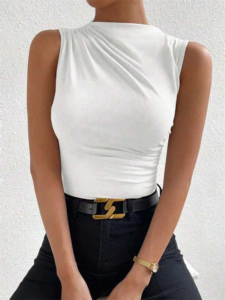 Fashion Casual Mock Neck Ruched Tank Top for Women Summer 2025 Solid Color Pleated Sleeveless Tee Shirt Tshirt Streetwear Y2K