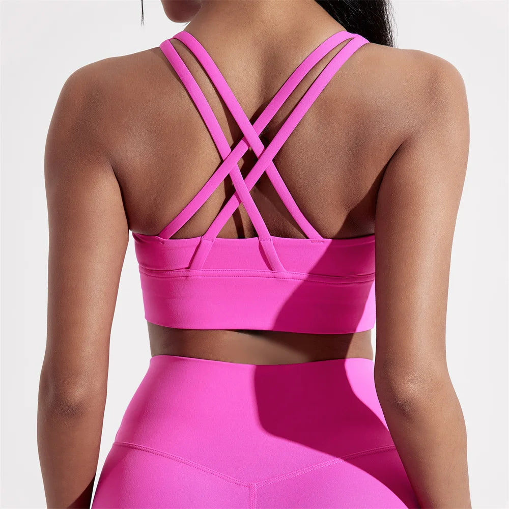 Solid Color Women Cross back Fitness sport Bra high strength Tight Top Comprehensive Training Gym Yoga Underwear With Chest Pad