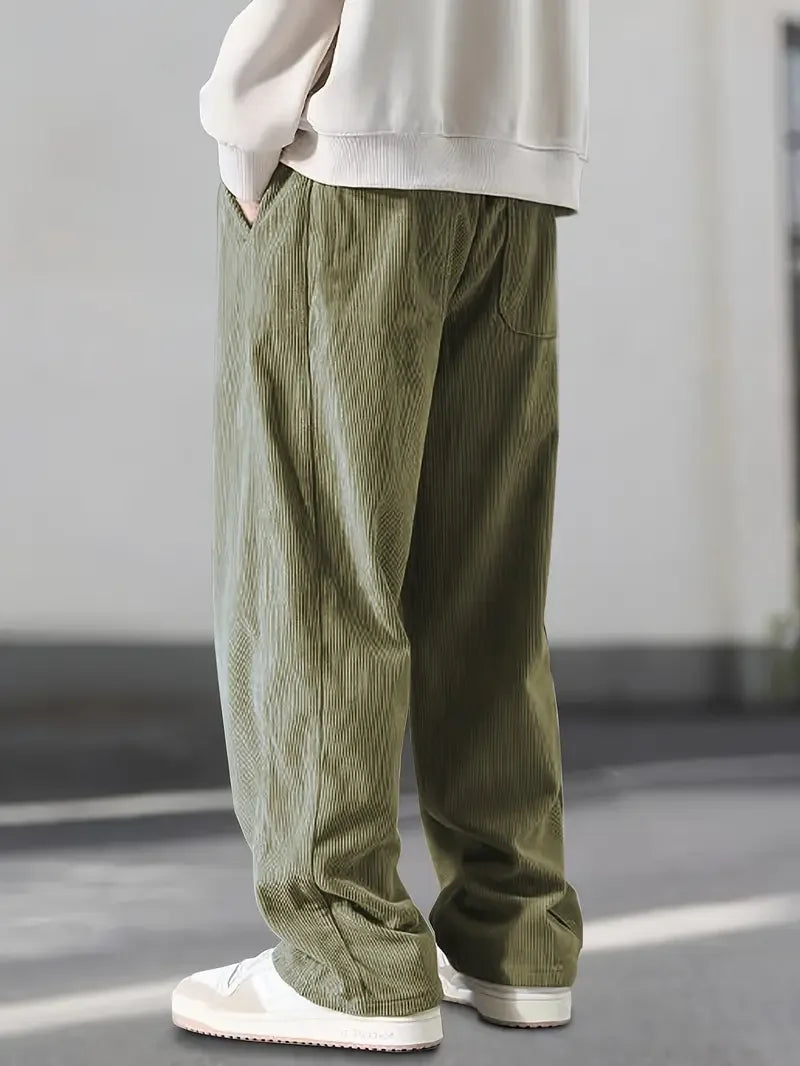 2025 Autumn Winter Men's Casual Pants Striped Corduroy Loose Fashion Cargo Straight Pants Fitness Sports Hip Hop Pants