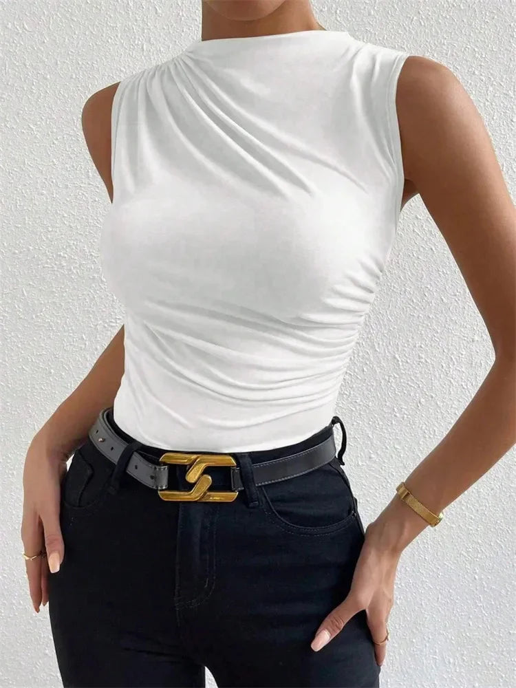 Fashion Casual Mock Neck Ruched Tank Top for Women Summer 2025 Solid Color Pleated Sleeveless Tee Shirt Tshirt Streetwear Y2K