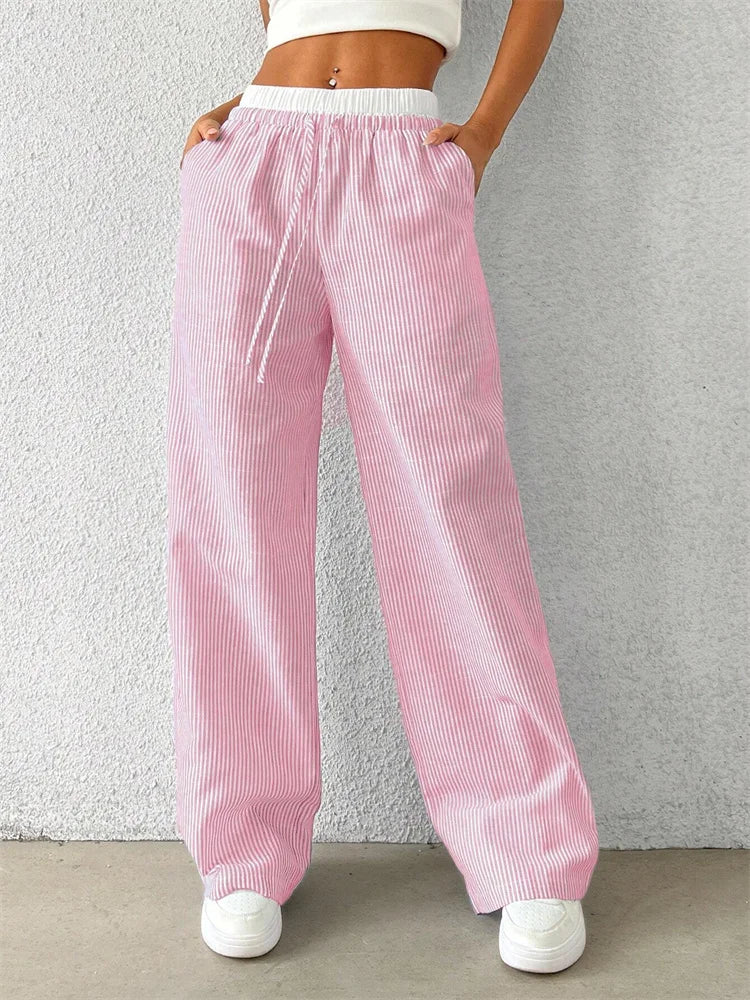 Women's Casual Striped Woven Wide Leg Pants Fall Winter 2024 Casual Stylish Full Length Trousers Y2K Clothes Streetwear