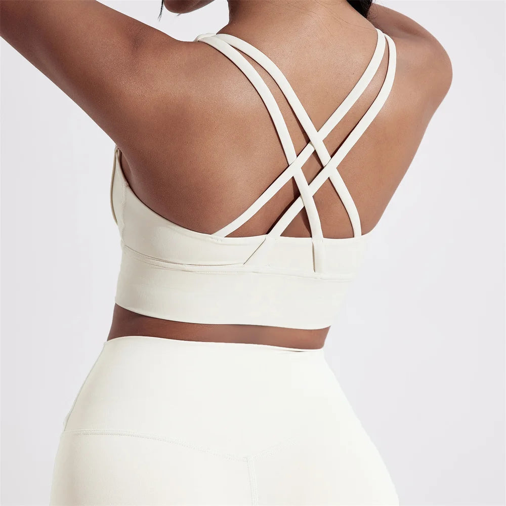 Solid Color Women Cross back Fitness sport Bra high strength Tight Top Comprehensive Training Gym Yoga Underwear With Chest Pad