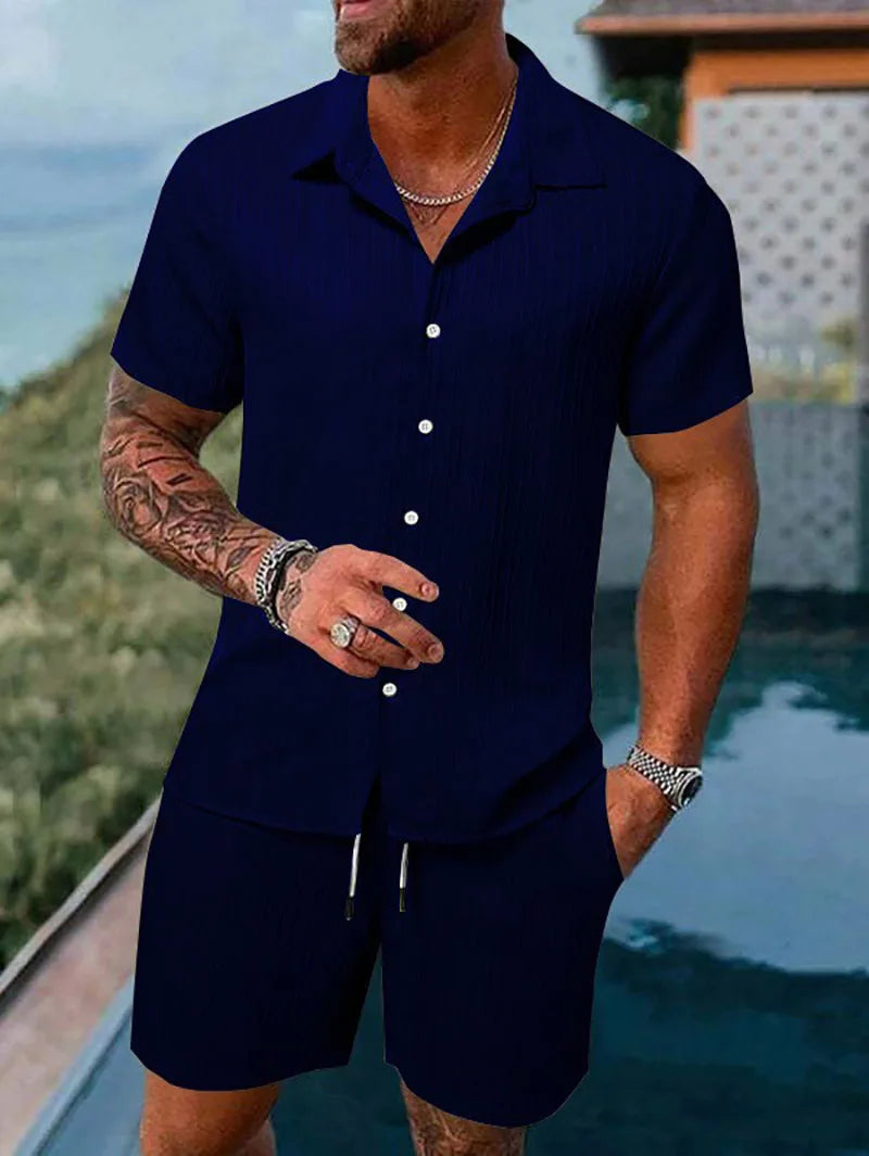 Spring And Summer New Sports Men's Polo Casual Solid Color Loose Short-sleeved Drawstring Shorts Cardigan Striped Sports Suit