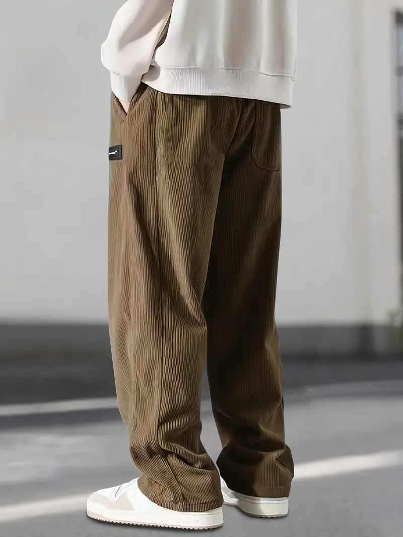 2025 Autumn Winter Men's Casual Pants Striped Corduroy Loose Fashion Cargo Straight Pants Fitness Sports Hip Hop Pants