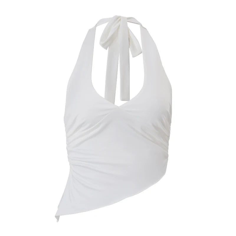 WhereMery Casual Solid V-neck Halter Crop Tops Elegant Sleeveless Slim Summer Camisole Formal Streetwear Women Daily Sporty Vest