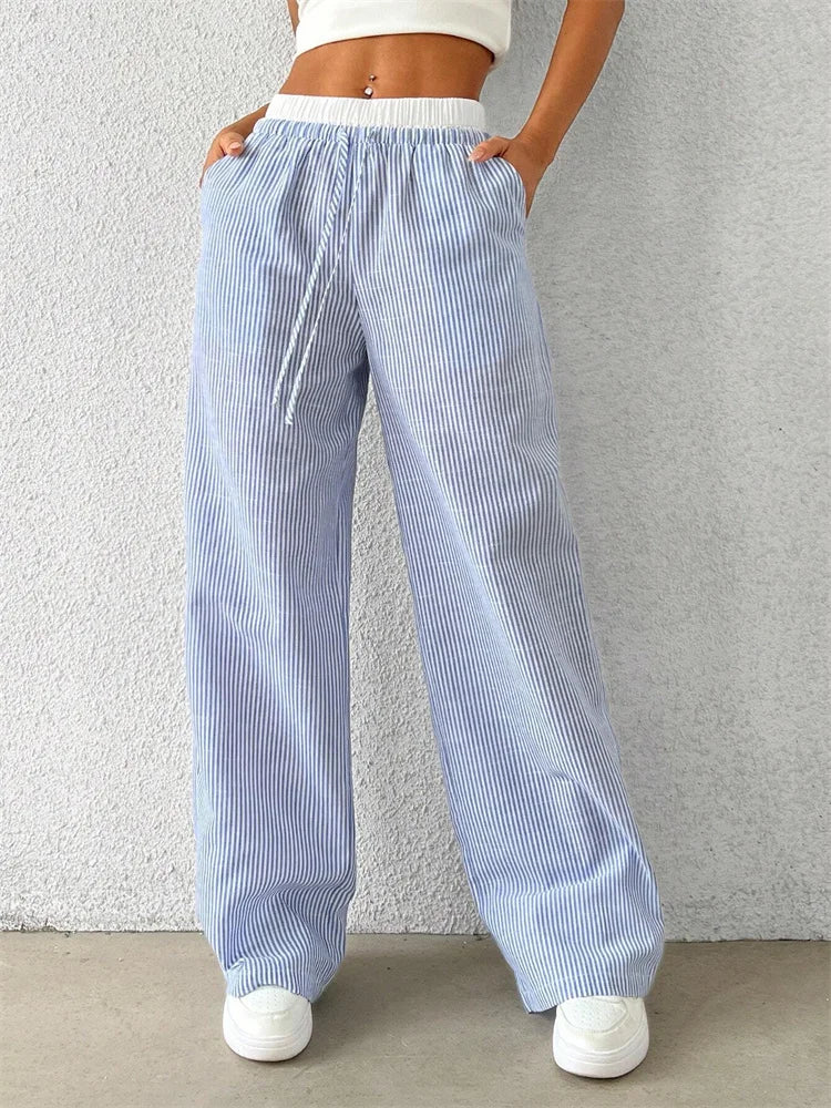 Women's Casual Striped Woven Wide Leg Pants Fall Winter 2024 Casual Stylish Full Length Trousers Y2K Clothes Streetwear