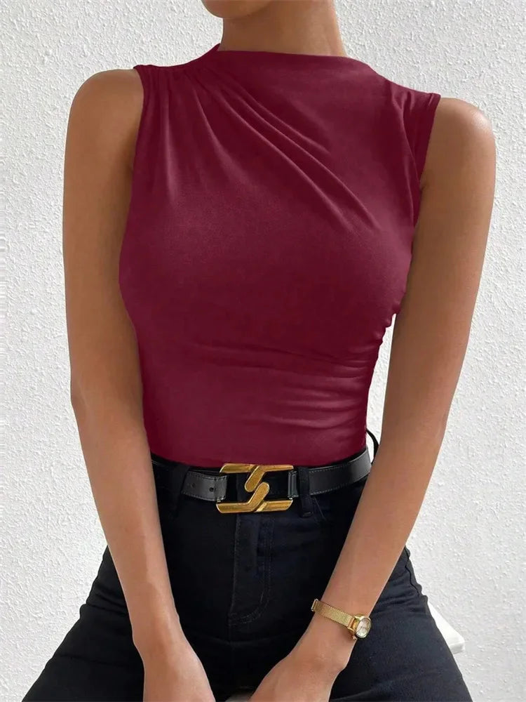 Fashion Casual Mock Neck Ruched Tank Top for Women Summer 2025 Solid Color Pleated Sleeveless Tee Shirt Tshirt Streetwear Y2K