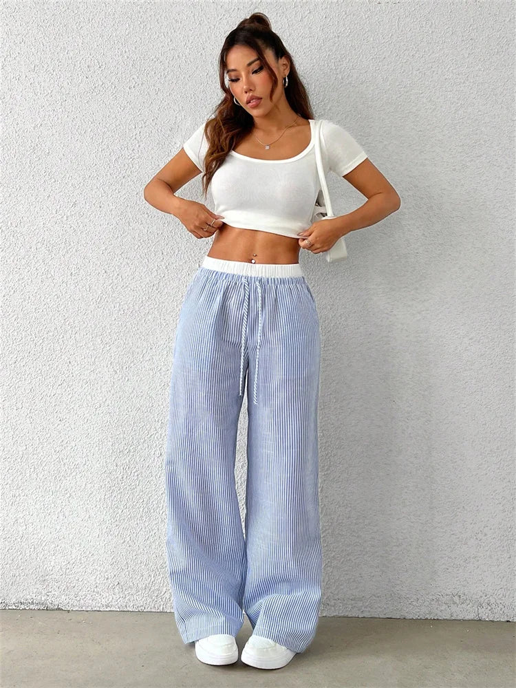 Women's Casual Striped Woven Wide Leg Pants Fall Winter 2024 Casual Stylish Full Length Trousers Y2K Clothes Streetwear