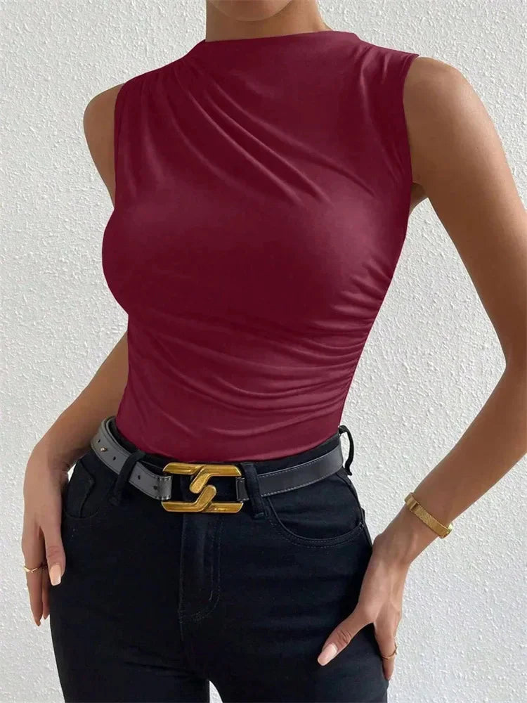 Fashion Casual Mock Neck Ruched Tank Top for Women Summer 2025 Solid Color Pleated Sleeveless Tee Shirt Tshirt Streetwear Y2K